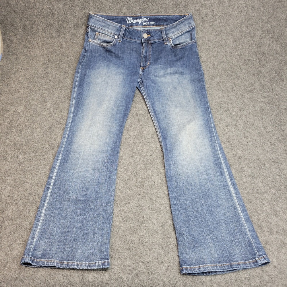 Wrangler Jeans Womens 11x30 Blue Boot Cut Stretch Western Distressed Y2K Flare - Picture 2 of 11